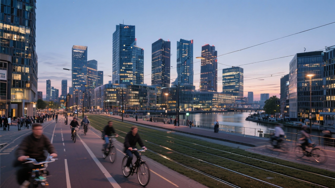 Panoramic view of Amsterdam Zuidas skyline at dusk with modern offices, tram lines and cycling commuters representing the energetic business environment we support with marketing services.