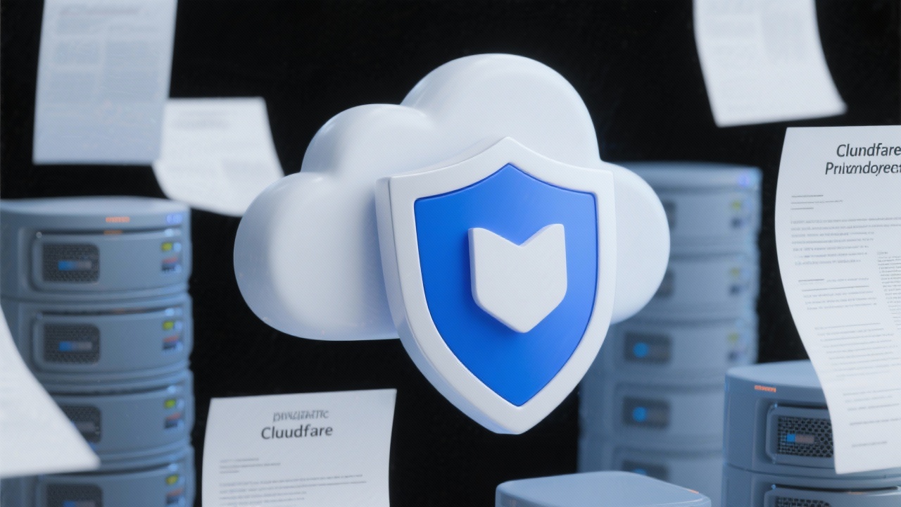 Abstract representation of data security shield overlaying cloud servers and compliance documents, illustrating privacy governance and Cloudflare protection for digital marketing platforms.