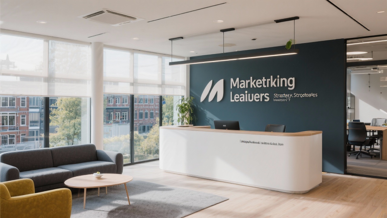 Reception area of contemporary Amsterdam office with signage, seating and natural lighting prepared to welcome marketing leaders for strategy workshops and intake conversations.
