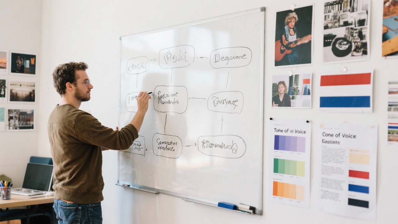 Creative strategist sketching messaging frameworks on whiteboard alongside mood boards, tone-of-voice guidelines and colour palettes to align brand assets with Dutch audience expectations.