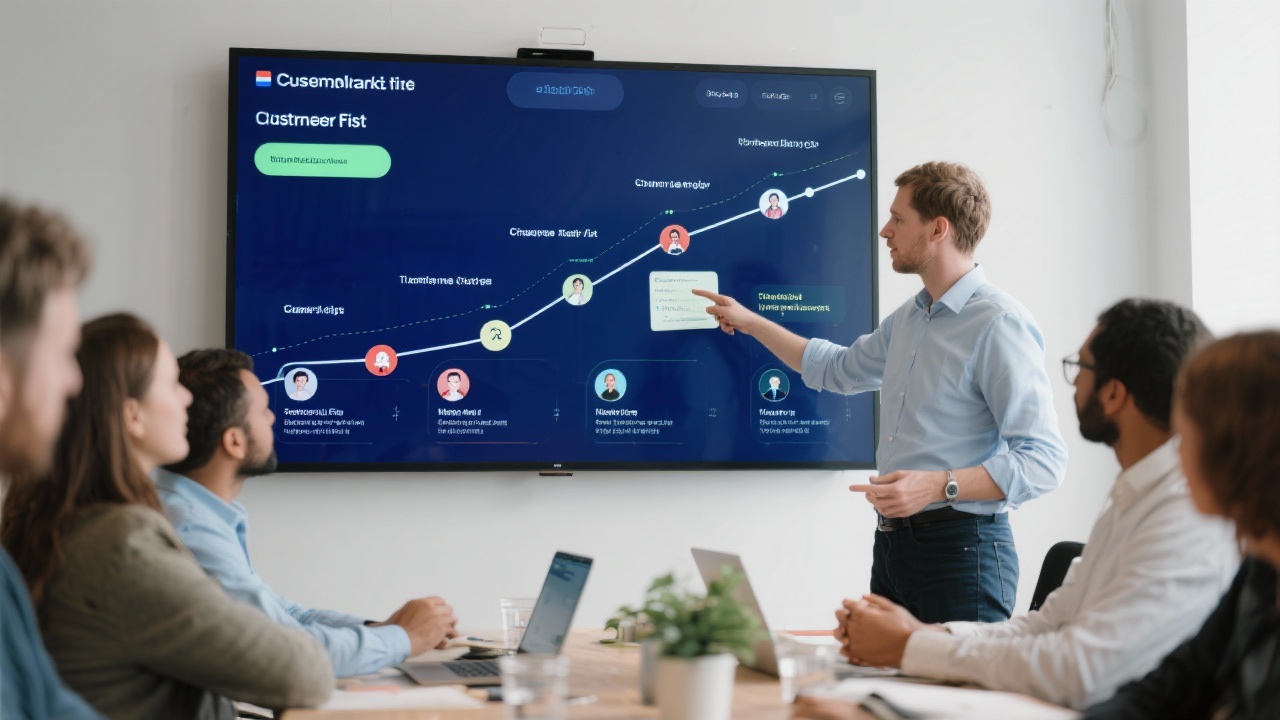 Large touch screen displaying detailed customer journey stages, persona insights and channel triggers while a strategist points to optimisation notes during a client workshop focused on Dutch market fit.