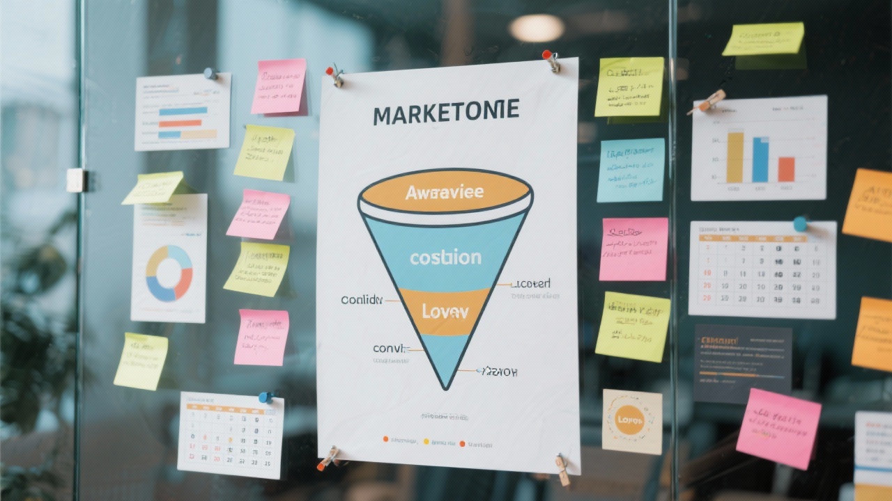 Illustrated marketing funnel poster highlighting awareness, consideration, conversion and loyalty metrics pinned on a glass wall surrounded by data sticky notes and campaign scheduling cards.