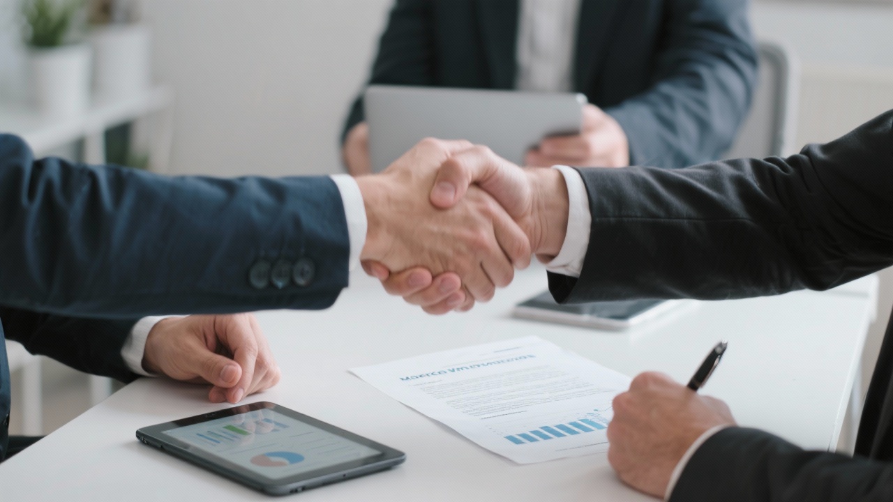 Business partners exchanging handshake over a contract document, analytics tablet and pen, symbolising transparent collaboration and shared responsibility for marketing performance outcomes.