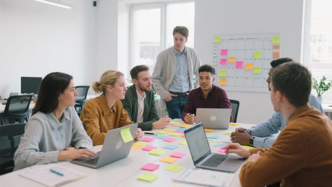 Cross-functional marketing team collaborating over sticky notes, laptops and colour-coded calendars inside a clean Amsterdam office that emphasizes agile planning and disciplined execution of integrated campaigns.